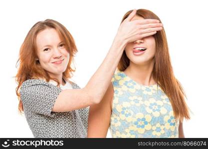 portrait of of two cheerful best friends on a white background isolated