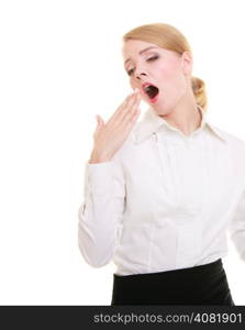 Portrait of overworked businesswoman. Sleepy blond girl yawning isolated on white. Long working hours. Studio shot.