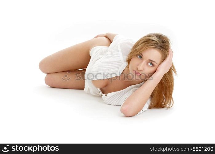 portrait of pensive girl laying on the floor
