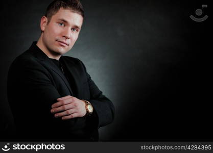 Portrait of pensive man. Close up face on black background