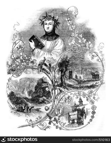 Portrait of Petrarch crown the Capitol, vintage engraved illustration. Magasin Pittoresque 1843.