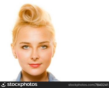 Portrait of pin-up blond girl with hair bun isolated on white. Face of young woman in retro style. Copy space. Studio shot.
