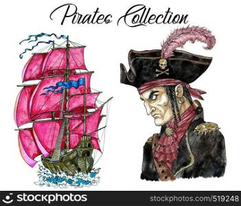Portrait of pirate captain and ancient sailboat. Hand drawn watercolor nautical illustration in old vintage style with seaman isolated on white, transportation concept