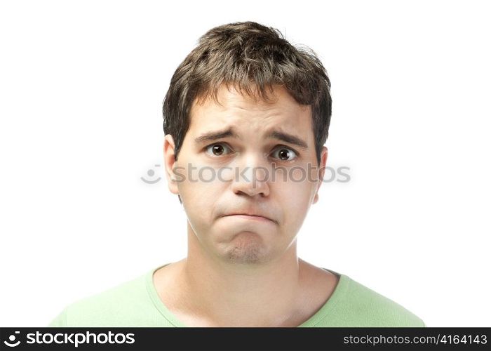 portrait of pitiful young man isolated on white background