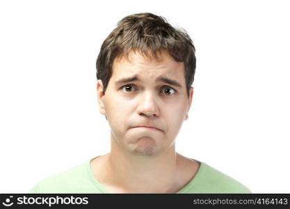 portrait of pitiful young man isolated on white background