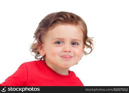 Portrait of playful small kid with curly blond hair mockering isolated on white background