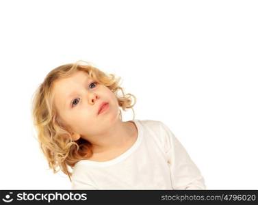 Portrait of playful small kid with long blond hair isolated on white background