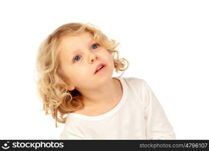 Portrait of playful small kid with long blond hair isolated on white background