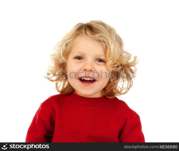 Portrait of playful small kid with long blond hair looking at camera isolated on white background