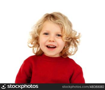 Portrait of playful small kid with long blond hair looking at camera isolated on white background