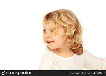 Portrait of playful small kid with long blond hair looking back isolated on white background