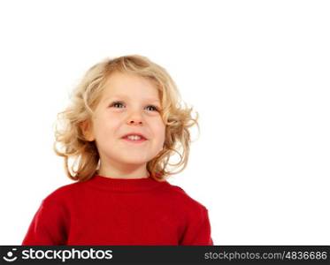 Portrait of playful small kid with long blond hair looking back isolated on white background