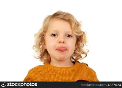 Portrait of playful small kid with long blond hair mockering isolated on white background