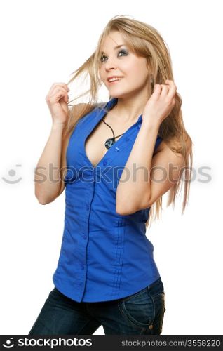 Portrait of playful young blonde in blue blouse