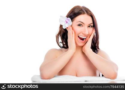 Portrait of positive emotional girl in spa