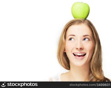 portrait of positive woman with apple on her head, over white