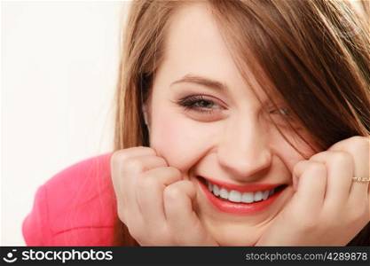 Portrait of positive young woman isolated on white. Face of happy girl college student. Studio shot.