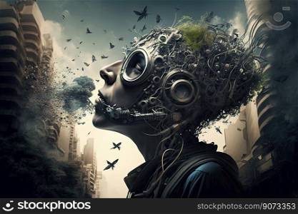 Portrait of post-apocalyptic person wears protective gas mask on thunderstorm clouds cityscape. Apocalypses, disaster. Generative AI