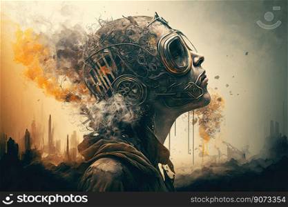 Portrait of post-apocalyptic person wears protective gas mask on thunderstorm clouds cityscape. Apocalypses, disaster. Generative AI
