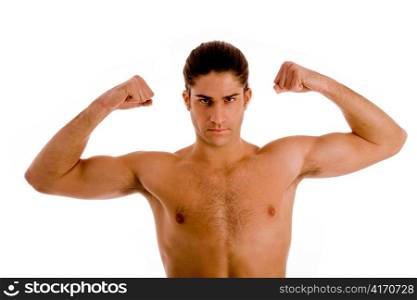 portrait of powerful man showing muscles on an isolated white background