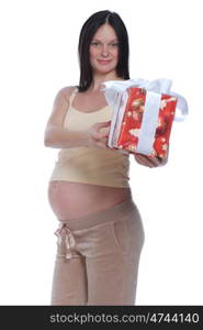 portrait of pregnant woman with gift boxes
