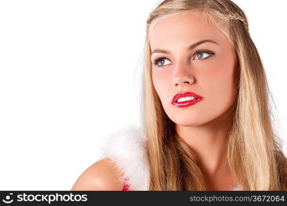 portrait of pretty and sensual blond girl in santa claus red dress posing a smiling with a nice hairstyle