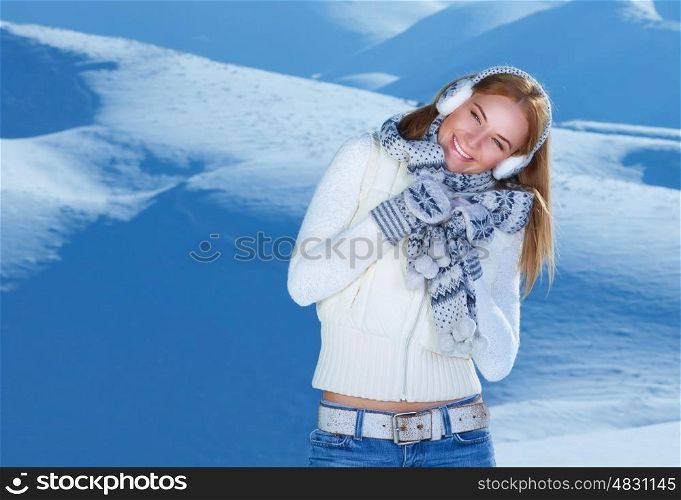 Portrait of pretty cheerful woman spending winter holidays in the snowy mountains, active lifestyle, happy healthy life