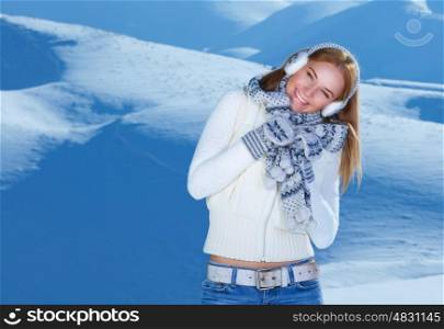 Portrait of pretty cheerful woman spending winter holidays in the snowy mountains, active lifestyle, happy healthy life