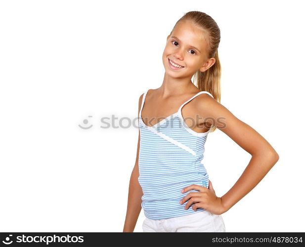 portrait of pretty teenage girl in studio against white background