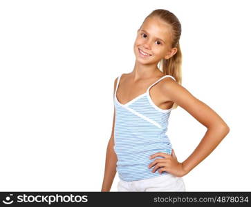 portrait of pretty teenage girl in studio against white background