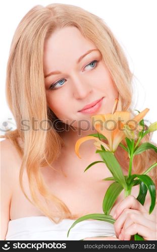 portrait of pretty woman with yellow lily