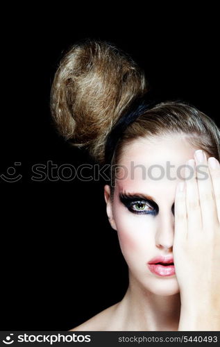 Portrait of pretty young girl with hand closing eye. Retouched&#xA;