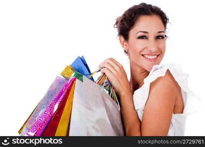 portrait of pretty young women smiling with shopping bag on white isolated background