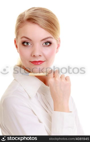 Portrait of professional businesswoman holding pen. Face of elegant young woman blond girl with ballpoint isolated on white. Business. Studio shot.