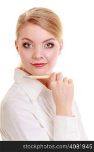 Portrait of professional businesswoman holding pen. Face of elegant young woman blond girl with ballpoint isolated on white. Business. Studio shot.