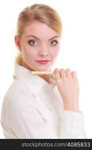 Portrait of professional businesswoman holding pen. Face of elegant young woman blond girl with ballpoint isolated on white. Business. Studio shot.