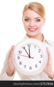 Portrait of professional businesswoman showing clock. Elegant blond girl isolated on white. Time for woman in business. Studio shot.
