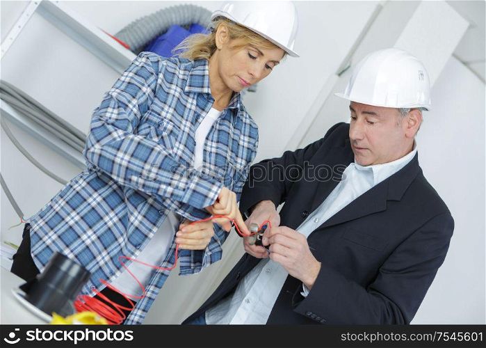 portrait of professional electrician team
