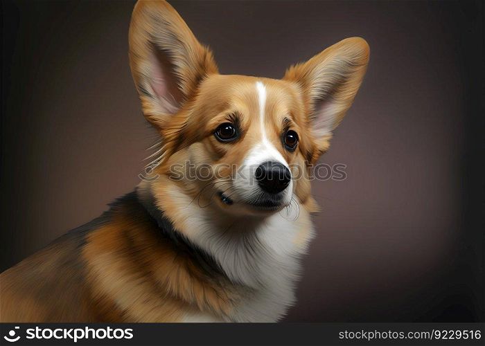Portrait of puppy welsh corgi dog sitting in front of a dark background. Neural network AI generated art. Portrait of puppy welsh corgi dog sitting in front of a dark background. Neural network generated art