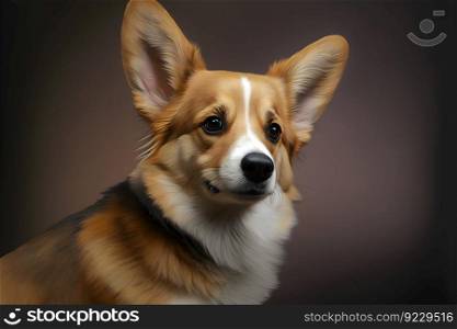 Portrait of puppy welsh corgi dog sitting in front of a dark background. Neural network AI generated art. Portrait of puppy welsh corgi dog sitting in front of a dark background. Neural network generated art