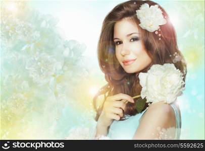 Portrait of Quiet Romantic Woman with Flowers over Colored Bokeh Background