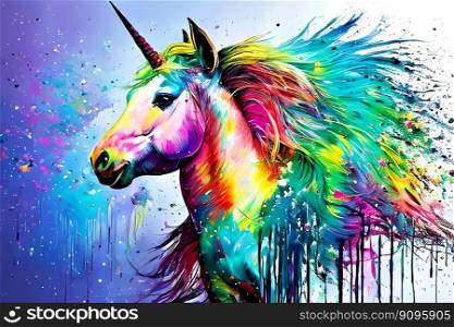 Portrait of rainbow unicorn. Graffiti style. Generative AI