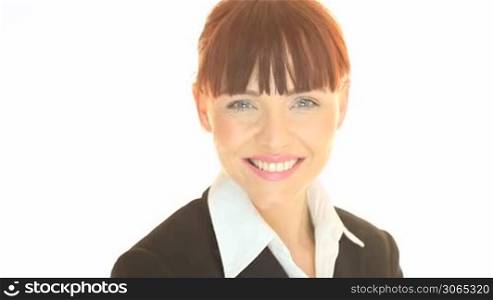 Portrait of redhead business woman on white background