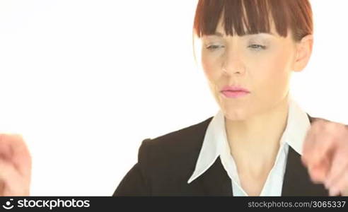 Portrait of redhead business woman on white background