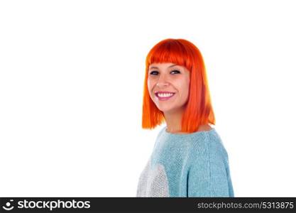 Portrait of redhead girl smiling isolated on a white background