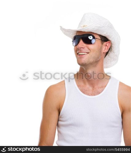 Portrait of resting on vacation smiling young man looking on copy space
