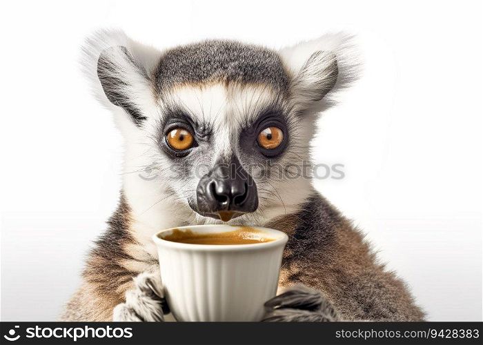 Portrait of Ring-tailed lemur or catta drinking coffee from white coffee cup isolated white background.. Portrait of Ring-tailed lemur or catta drinking coffee from white coffee cup isolated white background