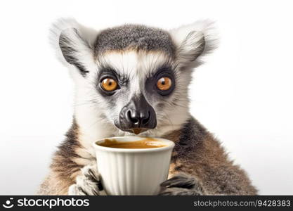 Portrait of Ring-tailed lemur or catta drinking coffee from white coffee cup isolated white background.. Portrait of Ring-tailed lemur or catta drinking coffee from white coffee cup isolated white background