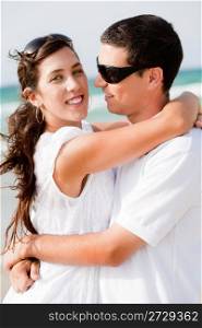 Portrait of Romantic couple hugging passionately at the beach,outdoor