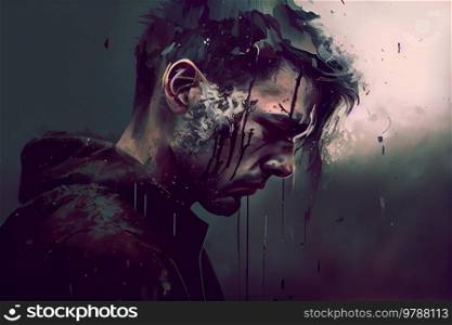 Portrait of sad person, mad with black thoughts, illness, despair and depression concept. Portrait of sad person
